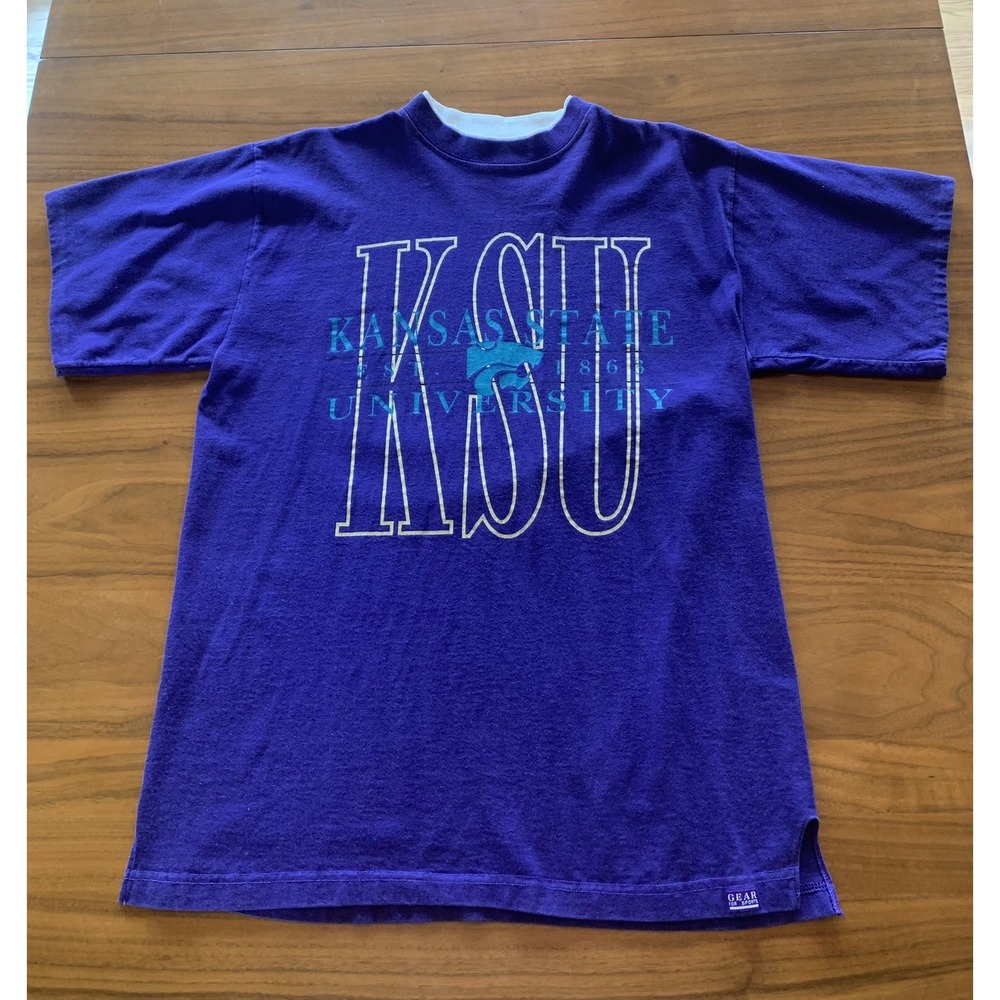 Vintage 90s Kansas State Wildcats T-Shirt Mens L/XL Gear For Sports Purple USA